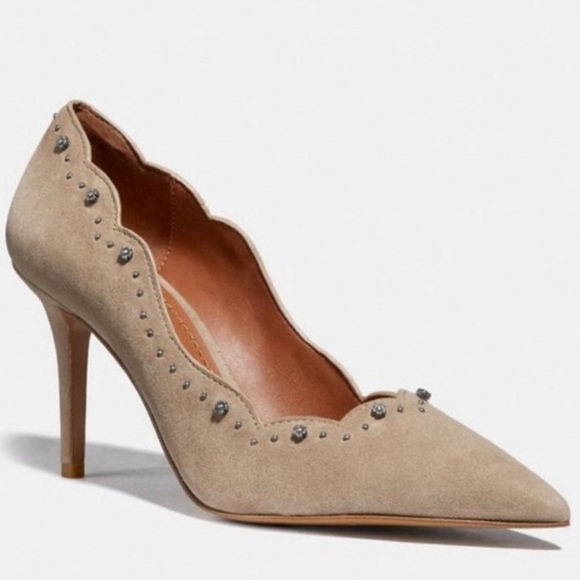 Coach Suede & Leather Embellished Waverly Pumps Gray Size 8 - Picture 1 of 15